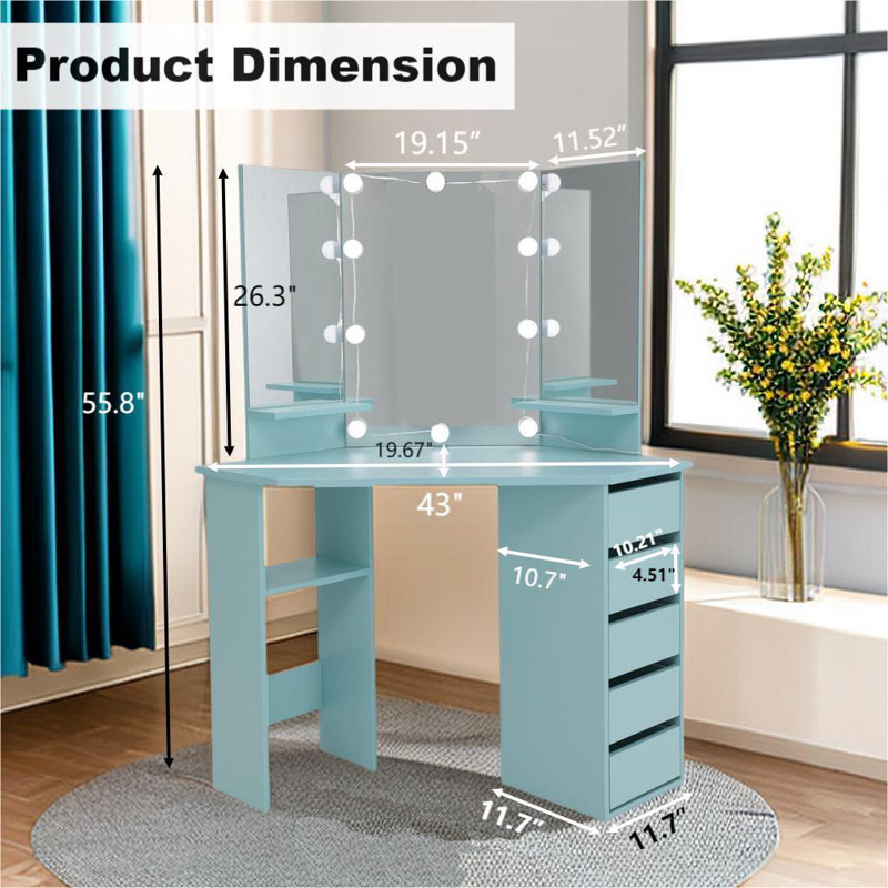 Ebern Designs Jaxcen Tri-Fold Mirror Vanity with 5 Drawers and 3 ...